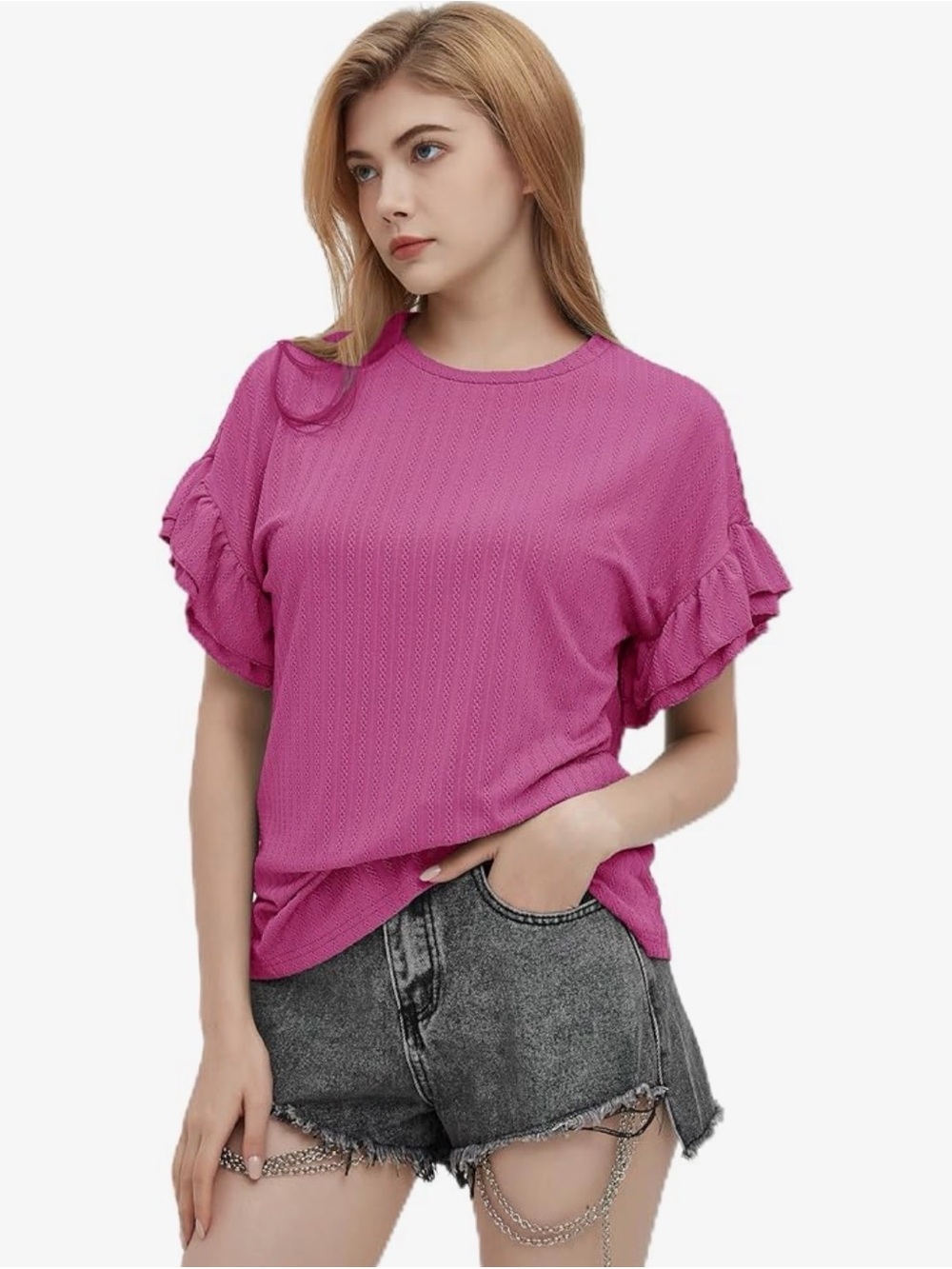 Women's Ruffle Sleeve Knit Top - Hot Pink
